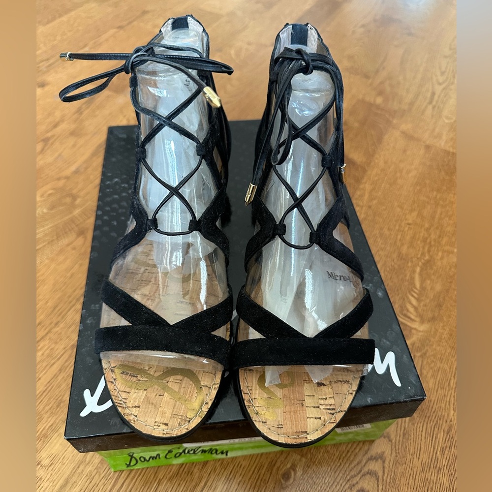 NIB NWT Sam Eldelman Black Suede Dawson Wedge Sandal Size 9.5